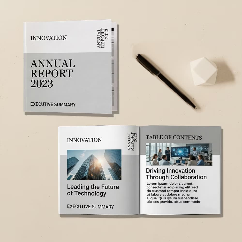 A grey and white 2023 Innovation 6x6 booklet shown closed and opened to its table of contents on a beige background with objects.
