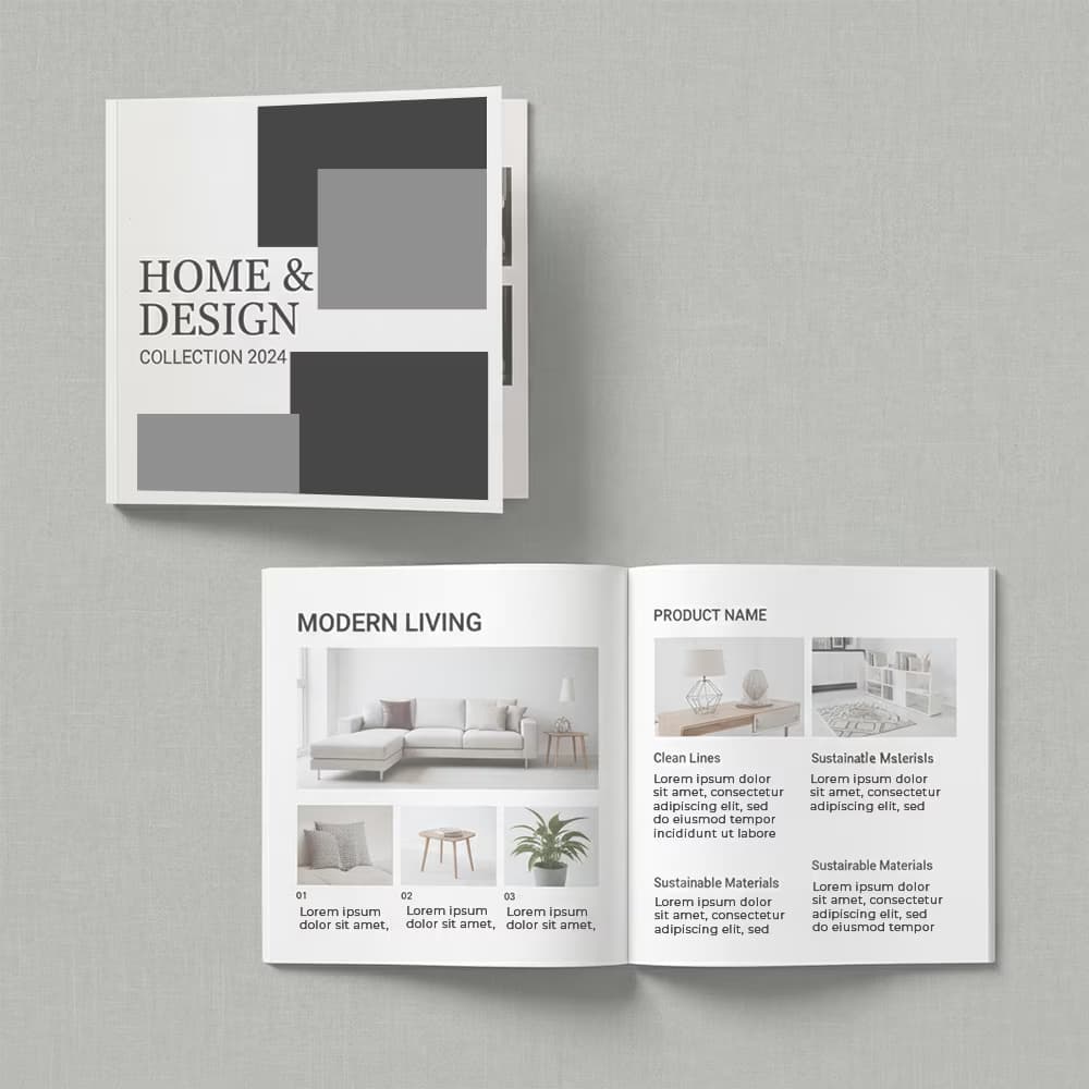 Top view of an open 8x8 booklet showing modern interior design layouts and a closed cover reading "HOME & DESIGN COLLECTION 2024".