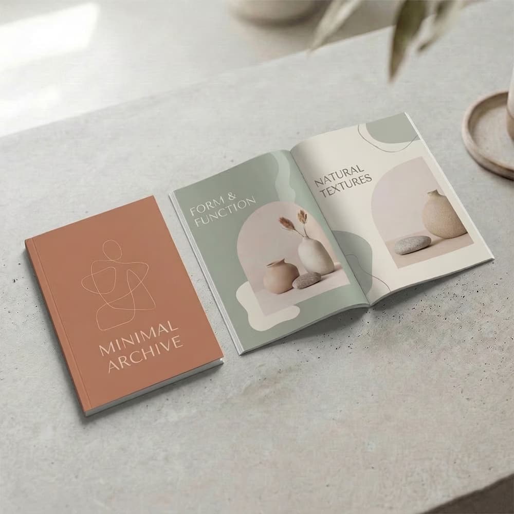 A closed terracotta booklet titled "Minimal Archive" next to an open brochure displaying "Form & Function" and "Natural Textures" pages.
