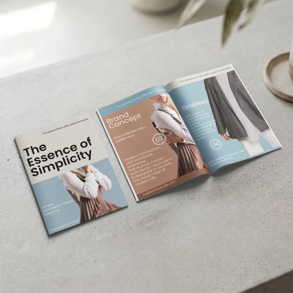 An A4 magazinemockup with a minimalist look, featuring a cover titled "The Essence of Simplicity" and an open page spread with text and images.