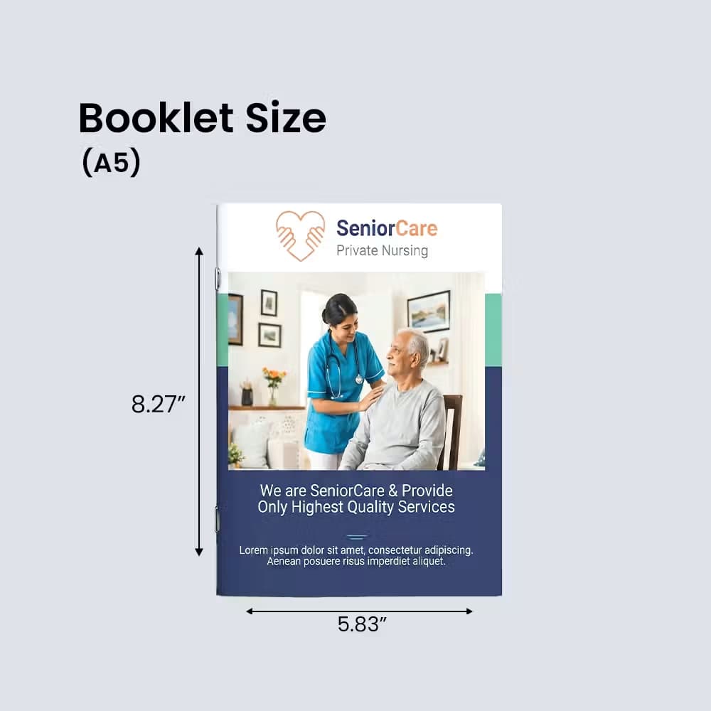 Diagram showing a senior care A5 booklet cover with arrows indicating its dimensions of 5.83x8.27 inches on a grey background.