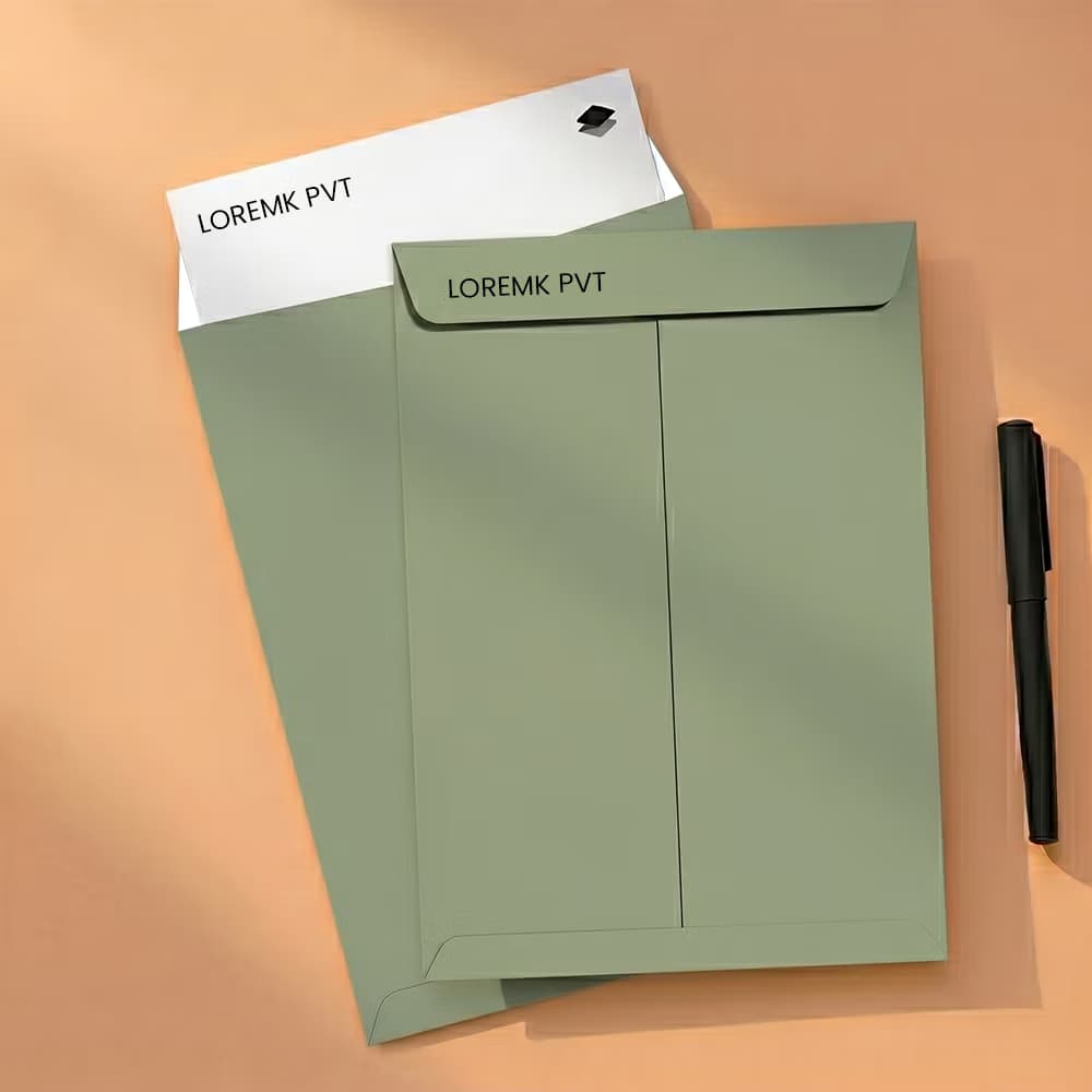Two olive green A5 envelopes with "LOREMK PVT" branding, one holding a letter, next to a black pen on a beige surface.