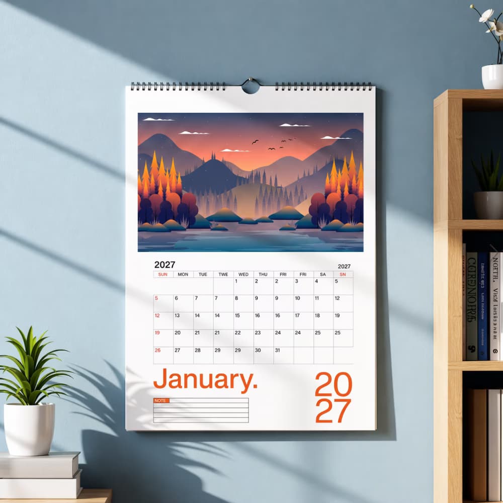 A 2027 wall calendar with a scenic landscape illustration hanging on a blue wall next to a wooden shelf.