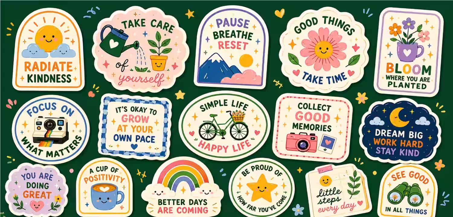 A collection of 15 colorful, cute motivational stickers with positive quotes, flowers, and cheerful icons on a dark green background.