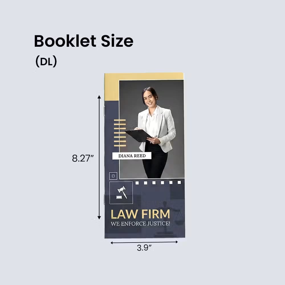 Diagram showing a law firm booklet cover with arrows indicating its 3.9x8.27 inches size dimensions on a light background.