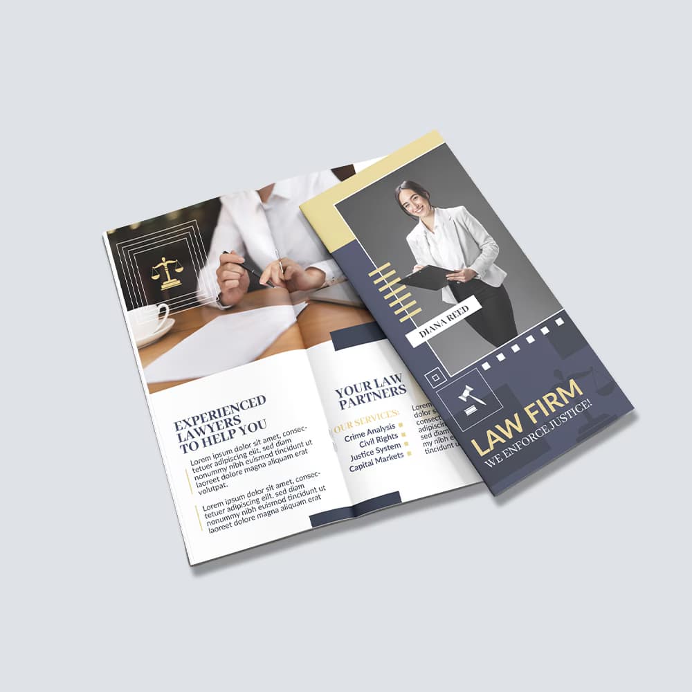 An opened DL booklet for a law firm showing internal pages and a folded front cover featuring a lawyer on a plain grey surface.