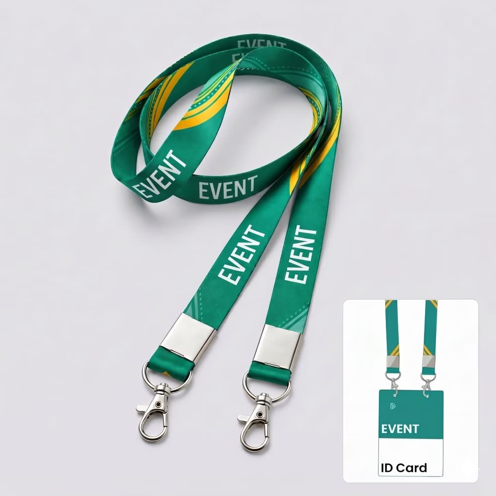 Custom double hook lanyard template in green and yellow, featuring metal attachments clipped to a dual-slot event badge.