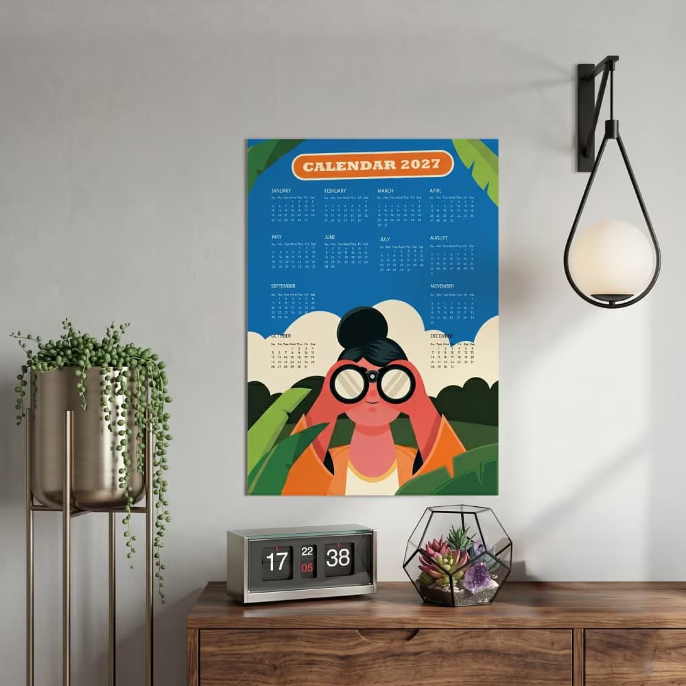 A 2027 calendar poster with an illustration of a woman looking through binoculars hanging on a modern room wall.