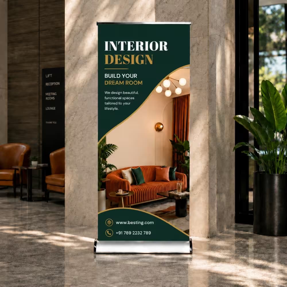 A luxury roll up standee for an interior design firm, featuring a modern living room and sleek dark green branding.