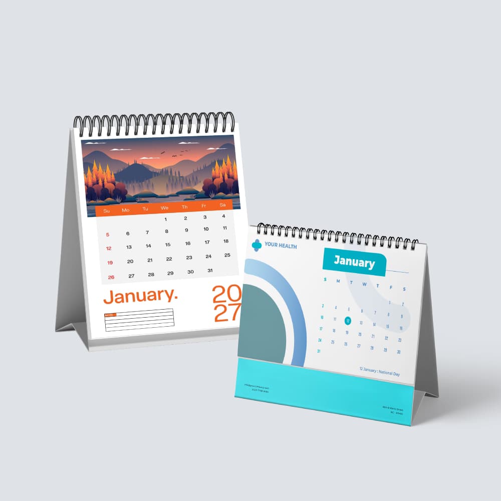 A product display showing both portrait and landscape orientation options for a custom desk calendar.