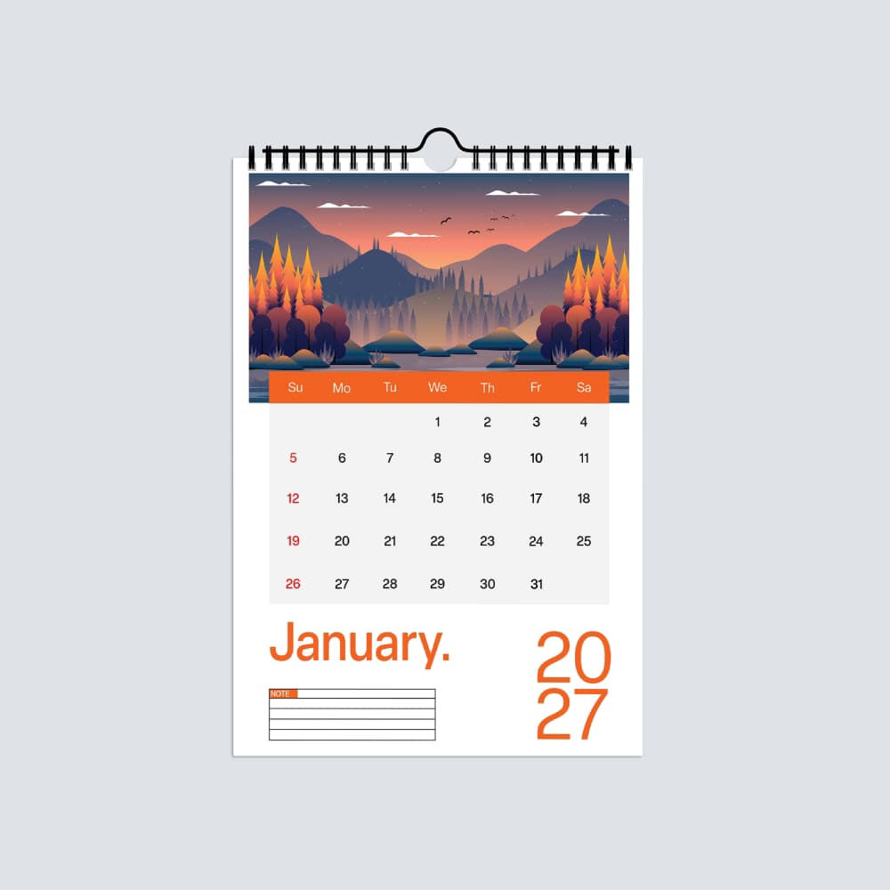 Minimalist product shot of a spiral-bound January 2027 wall calendar featuring a colorful mountain design.