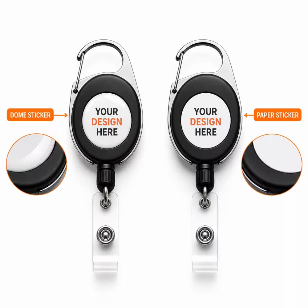 Custom retractable badge reel available with dome sticker and paper sticker branding options.