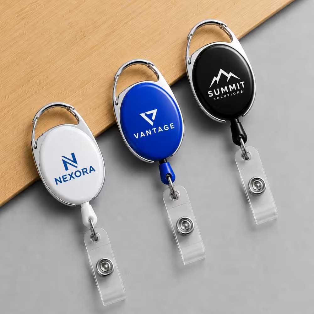 yo-yo id card holder with carabiner clip in white, blue, and black.