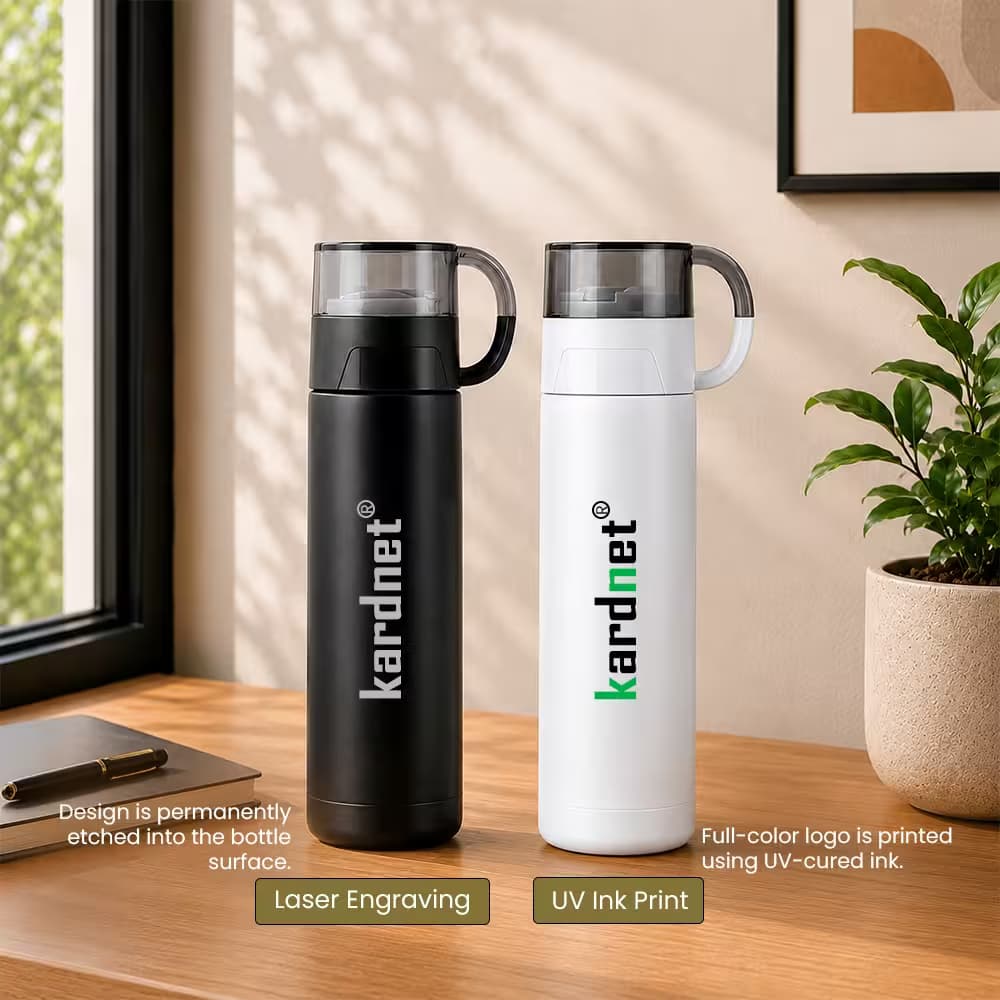 thermal bottle with cup - laser engraving vs uv ink print