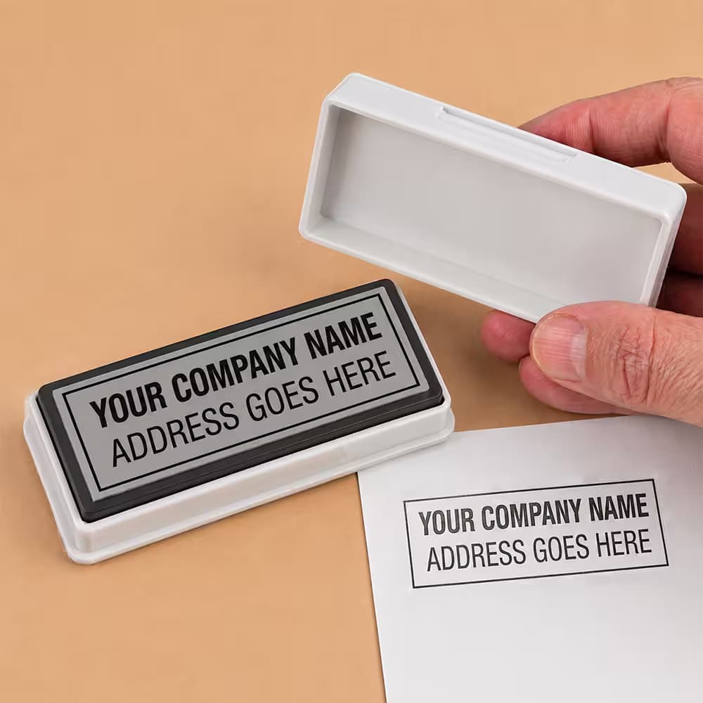 Custom rectangle pocket stamp for company names, addresses, and office documents.
