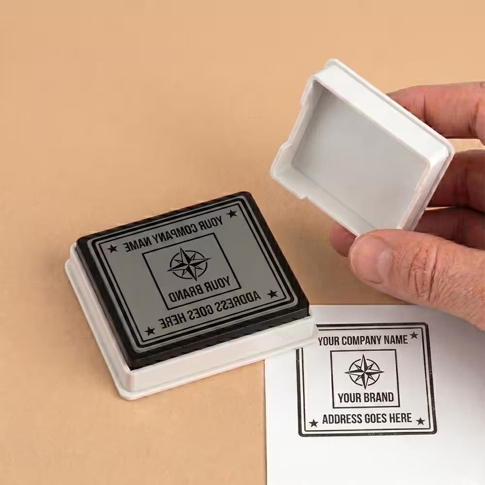 Custom square pocket stamp with a compact design for clear logo and address impressions.