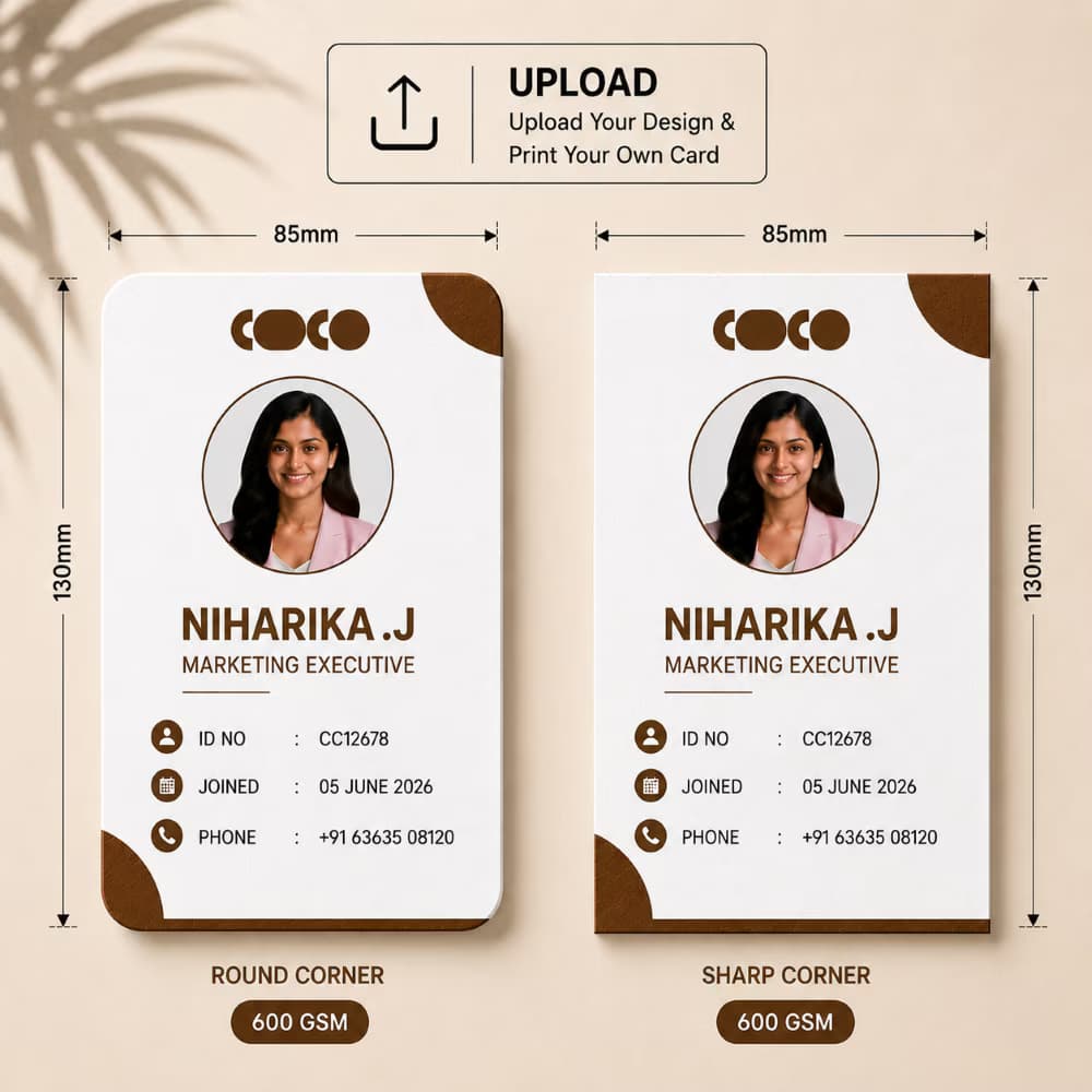 Custom 600 GSM paper ID card available with round corner and sharp corner options in 85 × 130 mm size.