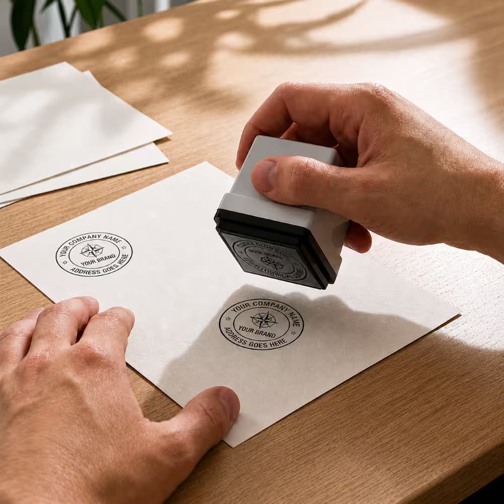 Round pre-inked flash stamp creating a clean and precise company seal impression.