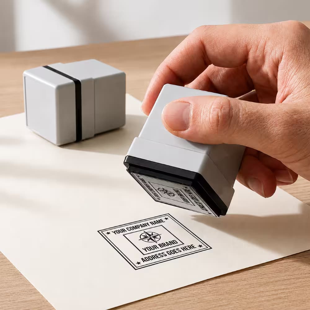 Premium square pre-inked flash stamp for custom logo, address, and office use.