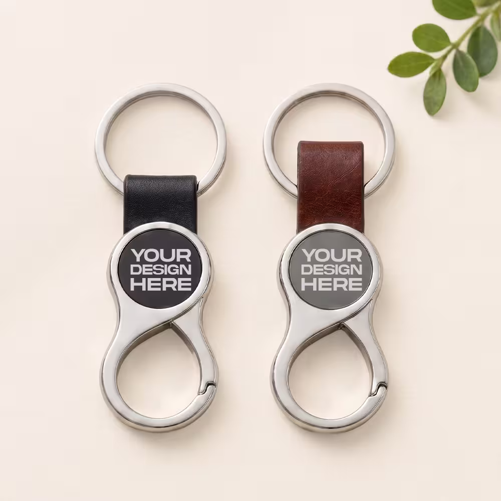 8 shape metal keychain with black and brown leather strap