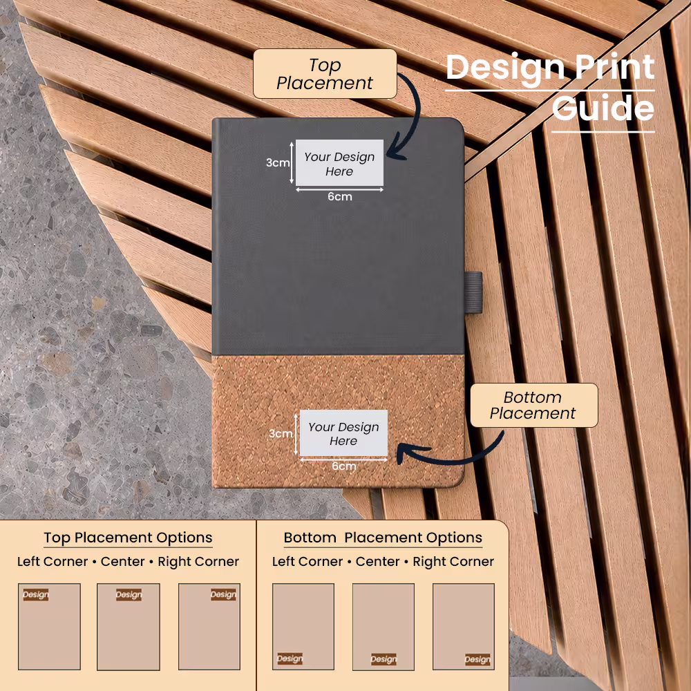 Urban Cork Diary design print guide showing top and bottom logo placement options, with a 6 × 3 cm printing area and multiple corner or center placement choices.