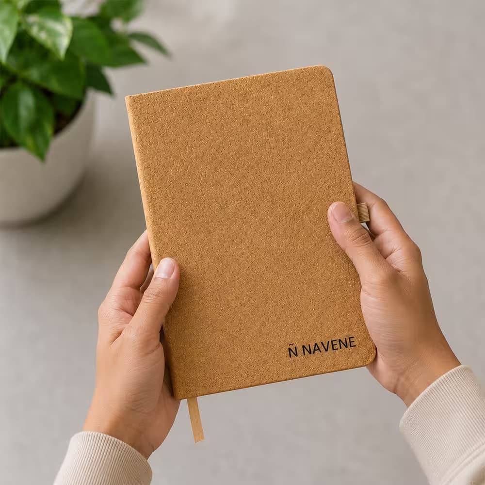 cork notebook held in hands with branding