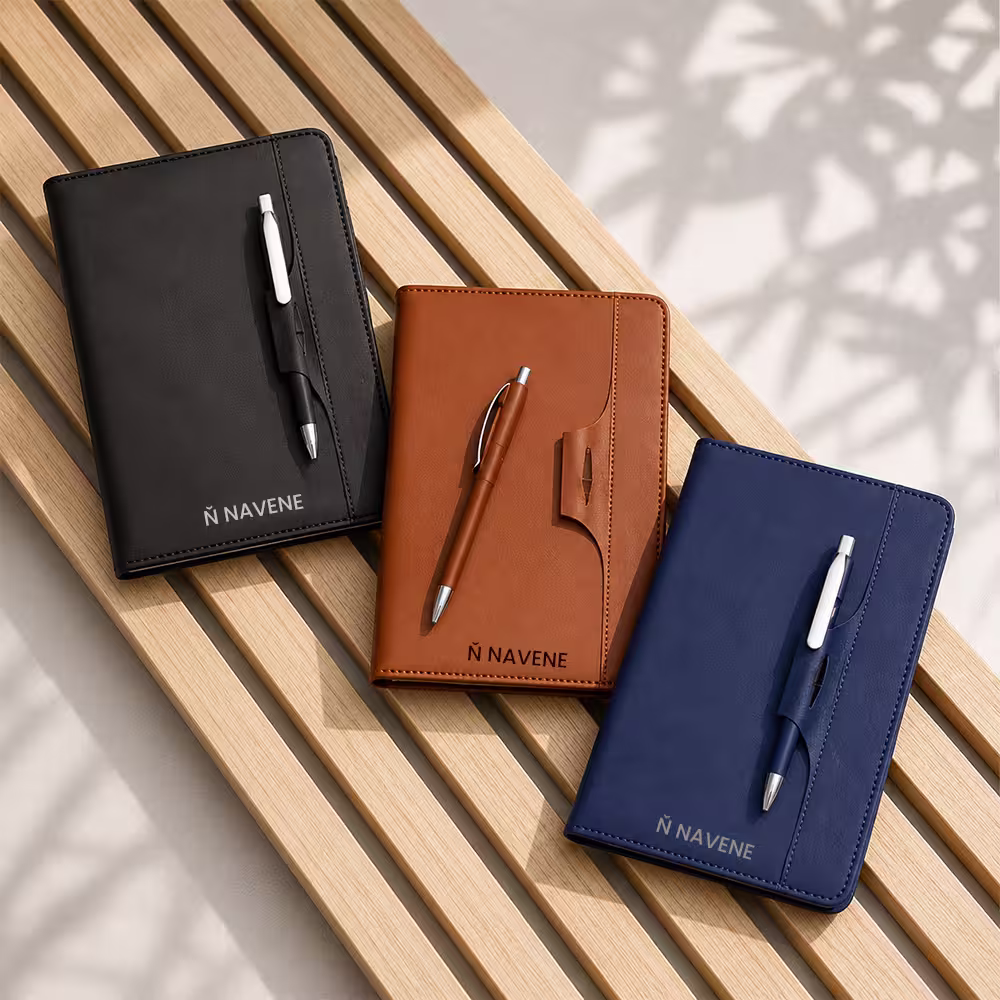 Diaries with pen in black, brown and blue