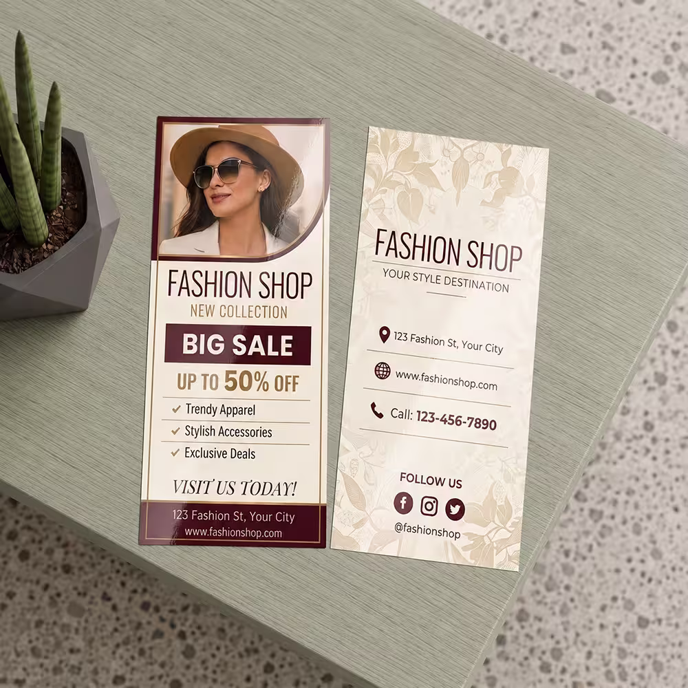 Front and back design of a cream and maroon "Fashion Shop Big Sale" DL flyers lying on a table.