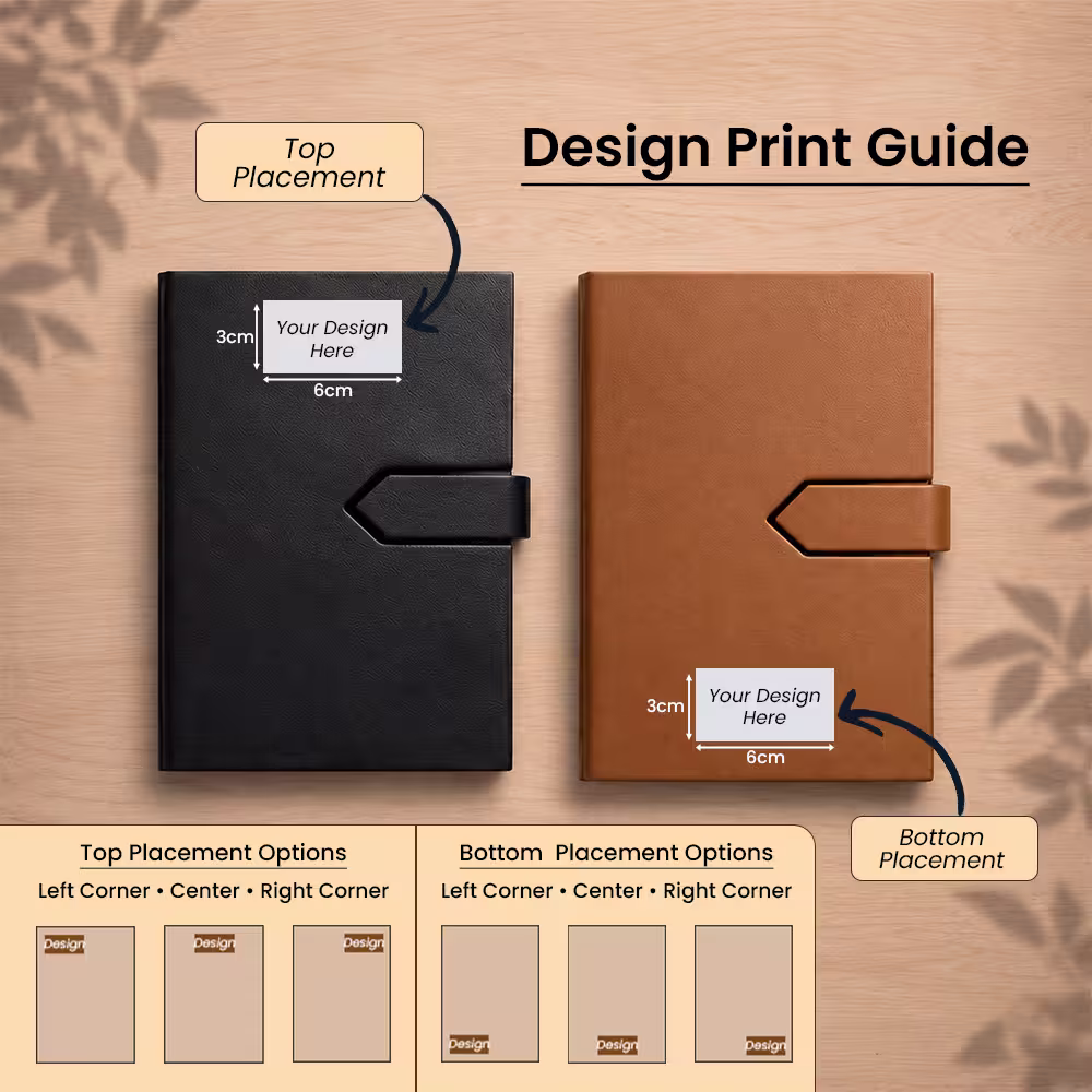 Logo printing placement guide for diary with closure