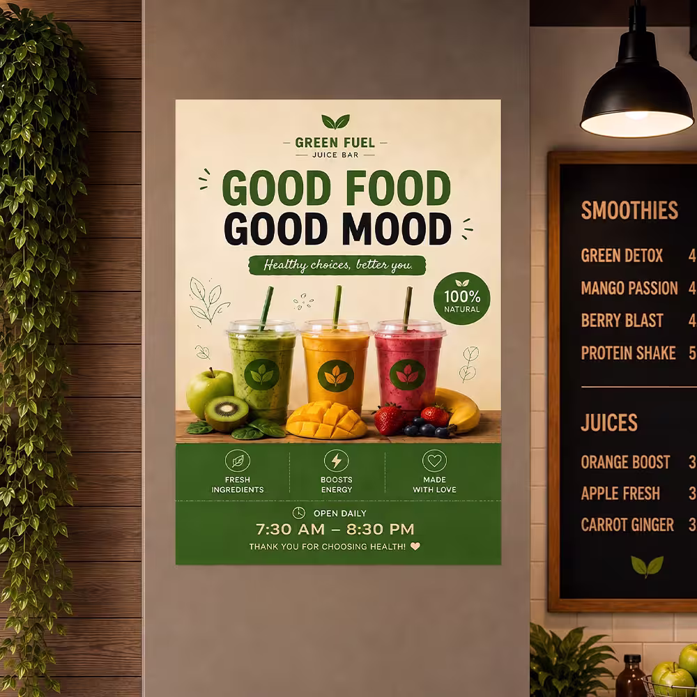 Custom restaurant poster with food and drink menu design.