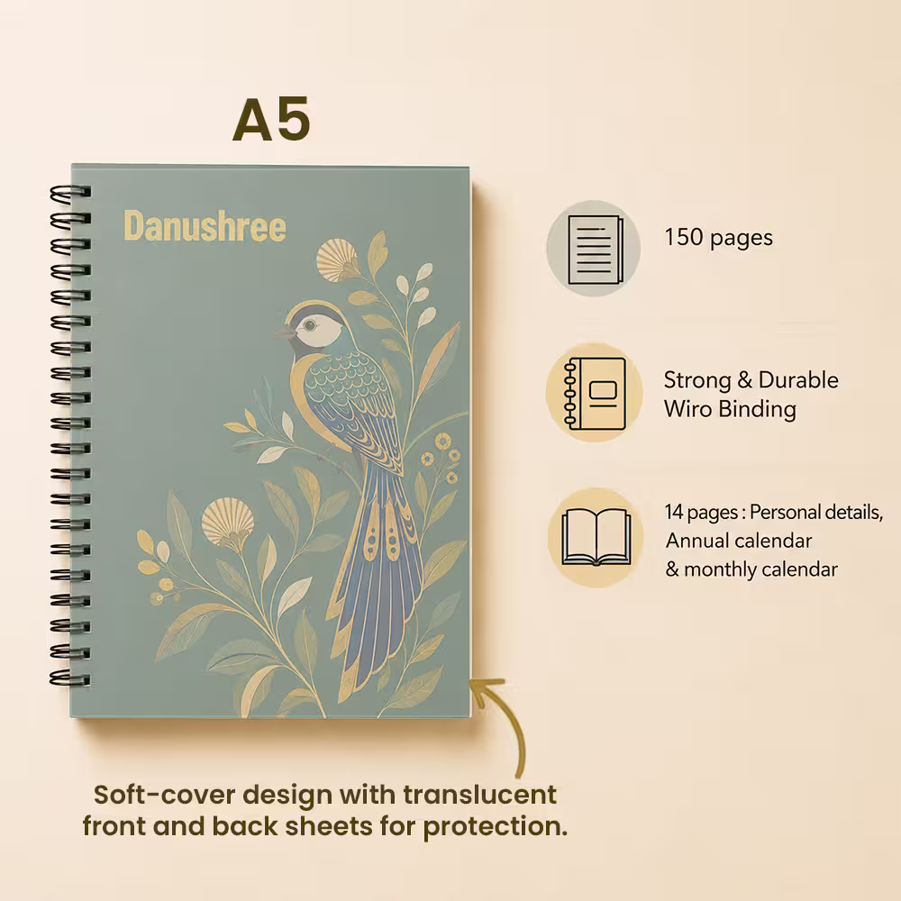 A5 personal diary with 150 pages, wiro binding and soft protective cover