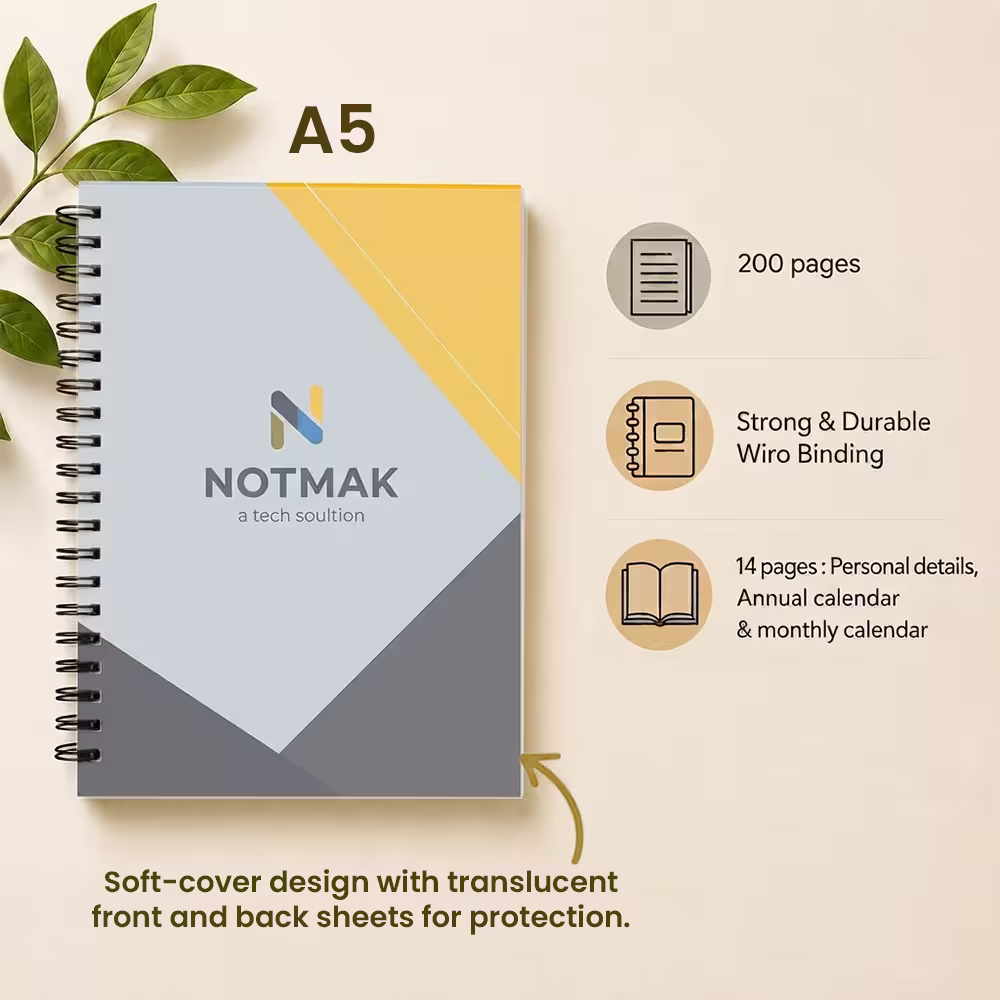 Corporate softcover Wiro diary with 200 pages and strong binding