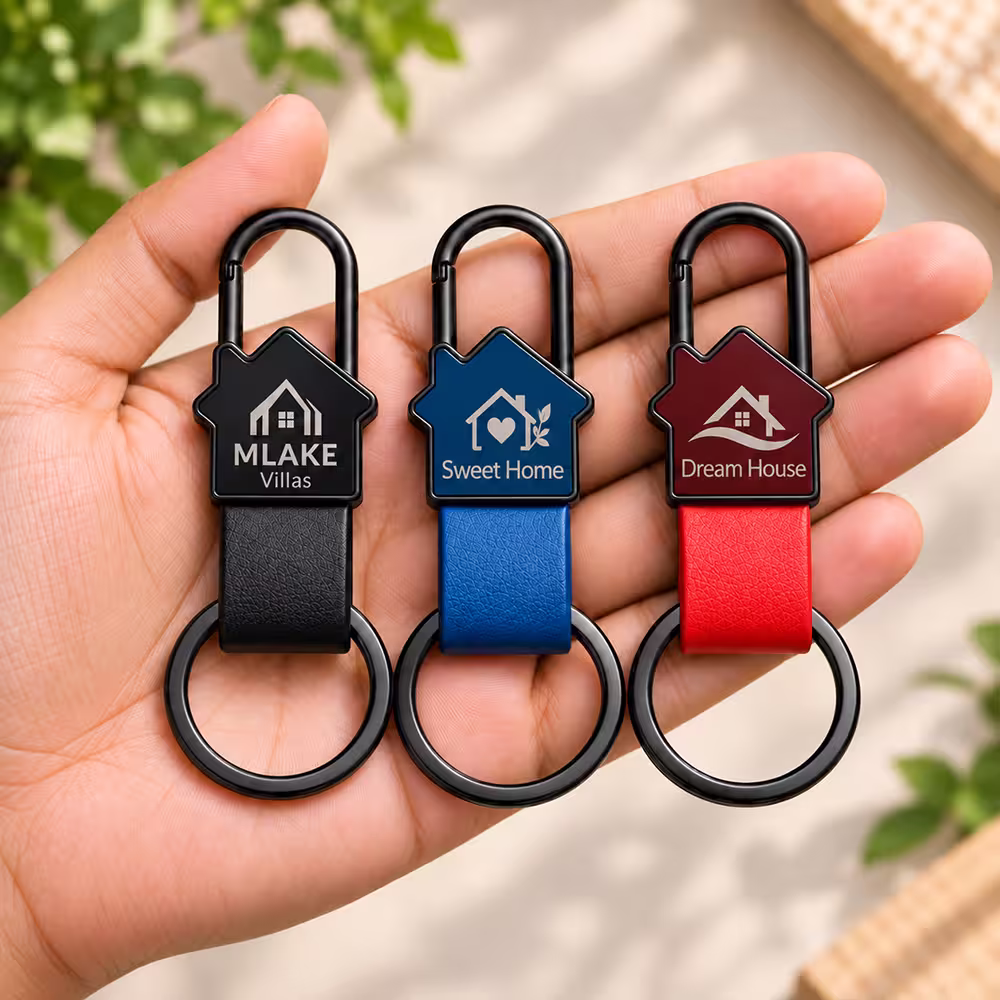 Custom house shape keychains with carabiner and engraved logos