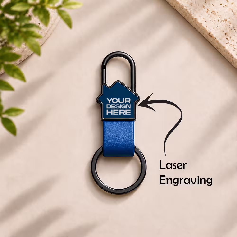 House shape keychain with carabiner and laser engraving