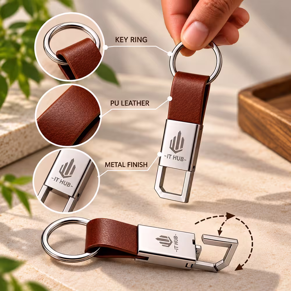 Loop PU leather keychain with metal finish, key ring and hook specifications