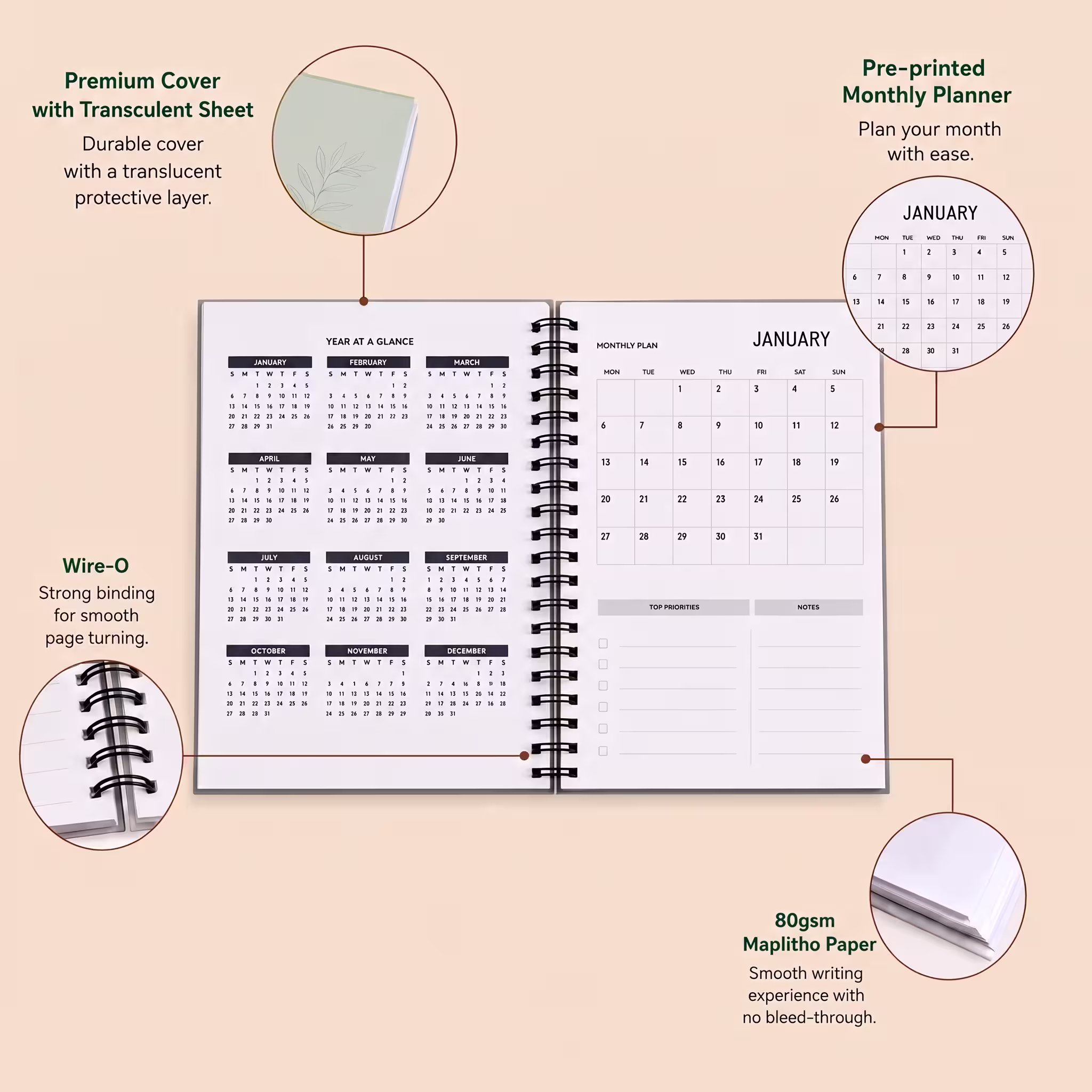Personal diary with pre-printed monthly planner pages and writing paper