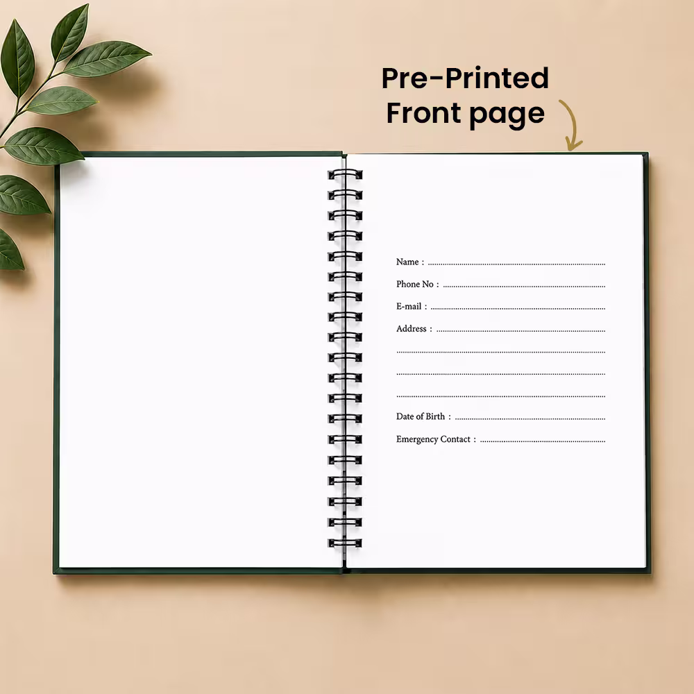 Personal diary with pre-printed front page for name, phone, email, address and emergency contact details