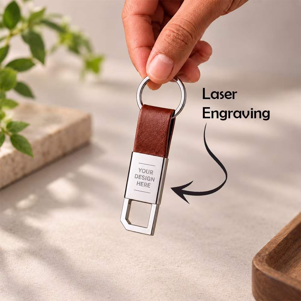 Silver hook and loop engraved keychain with PU leather