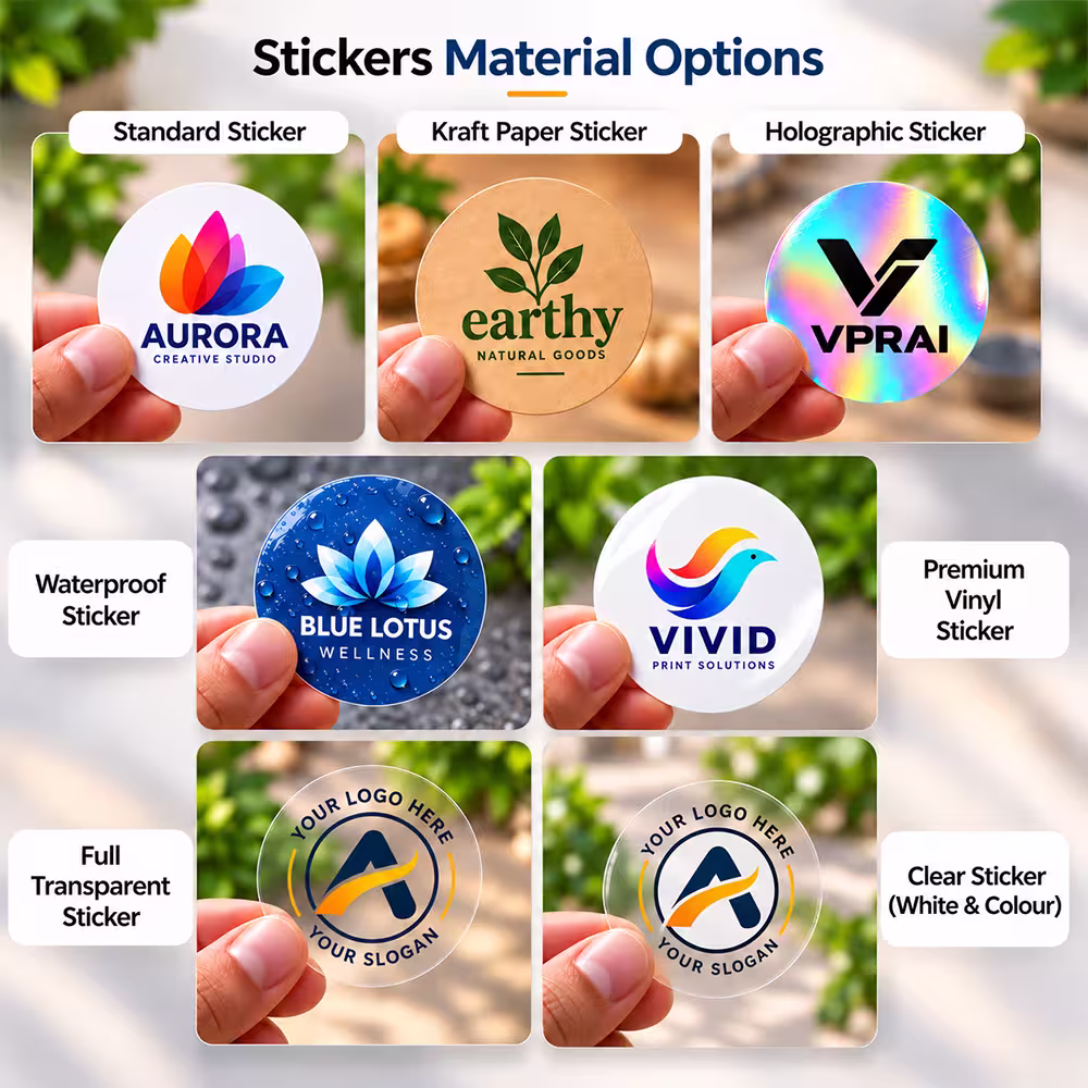 Custom sticker material options including standard, kraft paper, holographic, waterproof, vinyl, and transparent stickers