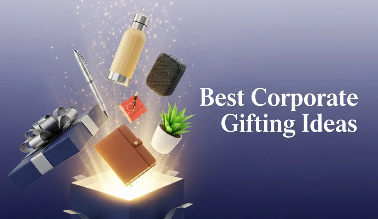Best Corporate Gifting Ideas – luxury gift box with bamboo bottle, premium pen, wireless speaker, leather diary, plant, and office essentials for employees and clients.