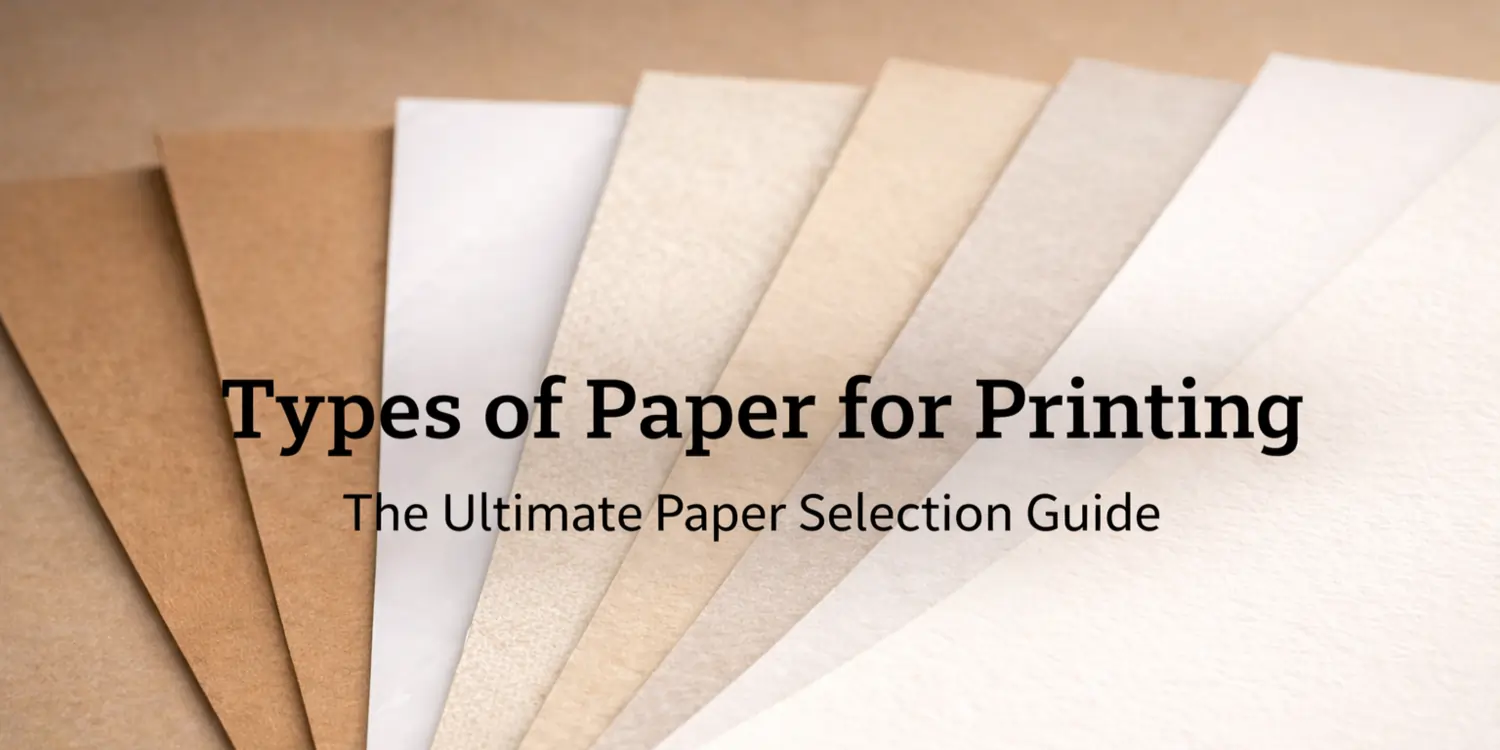 Banner showing kraft, coated, textured and uncoated sheets arranged in a fan, illustrating different types of paper for printing.