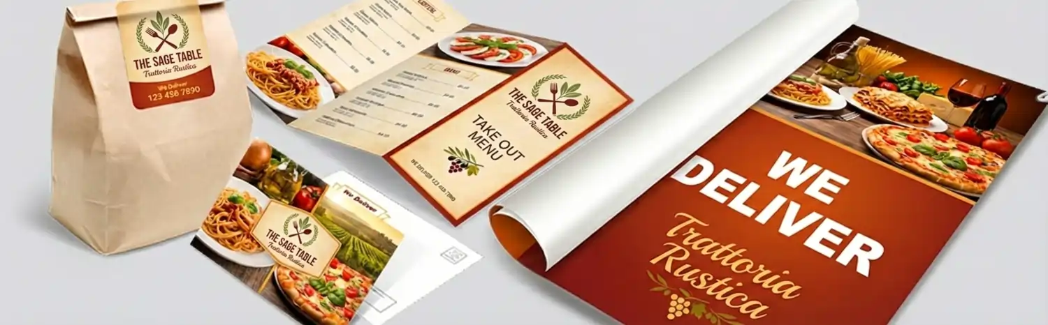 Restaurant marketing materials including takeaway menu, food packaging bag, flyers and delivery poster design