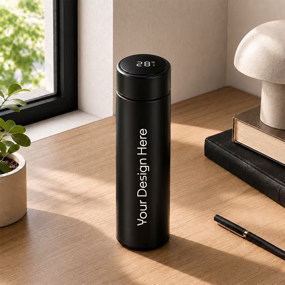 led display water bottle with leak-proof lid on desk
