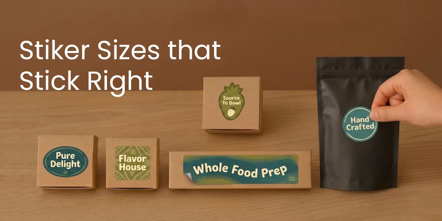 Product packaging showcasing various Stickers Size options on cardboard boxes and a black pouch.
