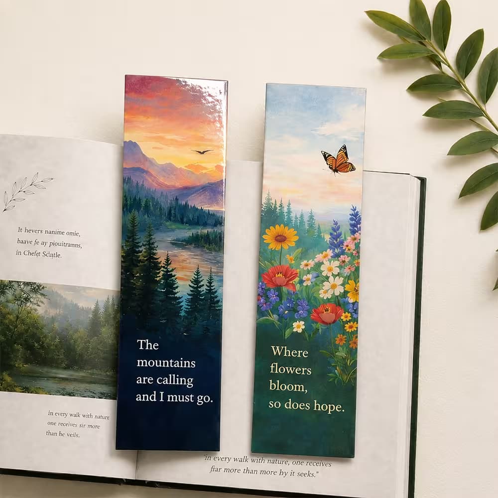 laminated bookmark with mountain and floral design