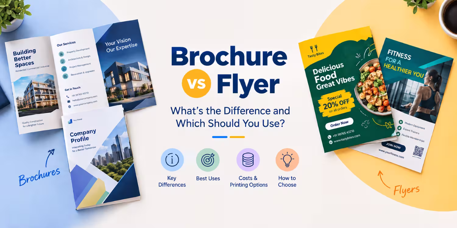 A comparison infographic titled 'Brochure vs Flyer' showing folded corporate brochures on the left and single-page promotional flyers for food and fitness on the right.