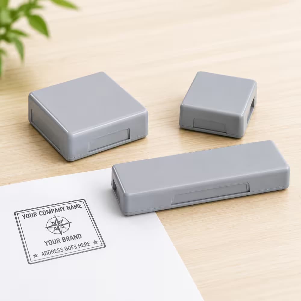 Custom pre-inked pocket stamp for logos, addresses, and business use.