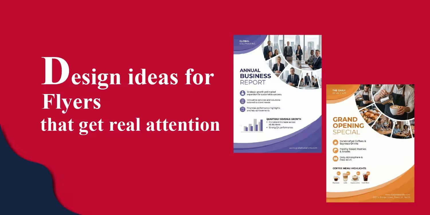 Graphic titled "Design ideas for Flyers" featuring professional business and cafe flyer templates on a red background.