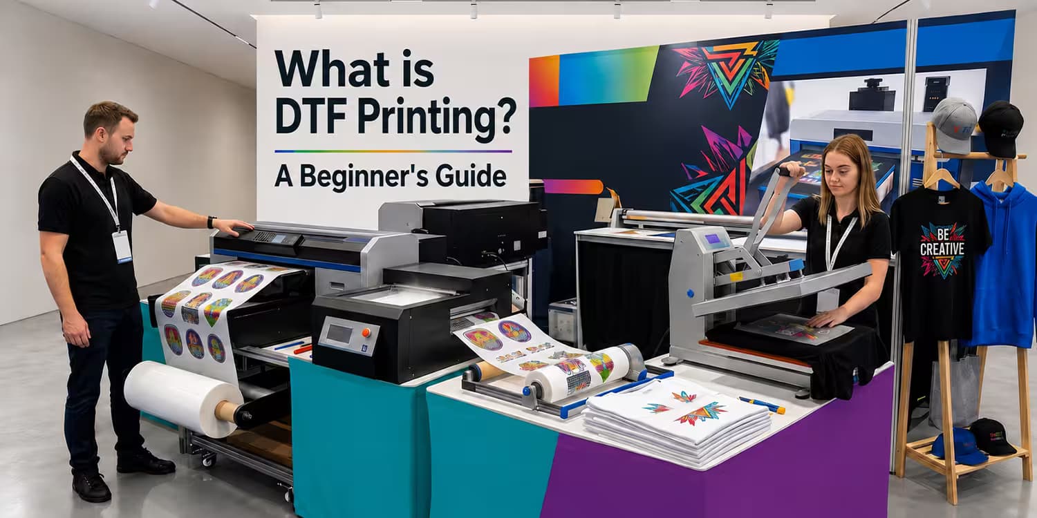 What is DTF printing – a beginner's guide showing DTF printers, transfer film, and heat press machine in a print shop