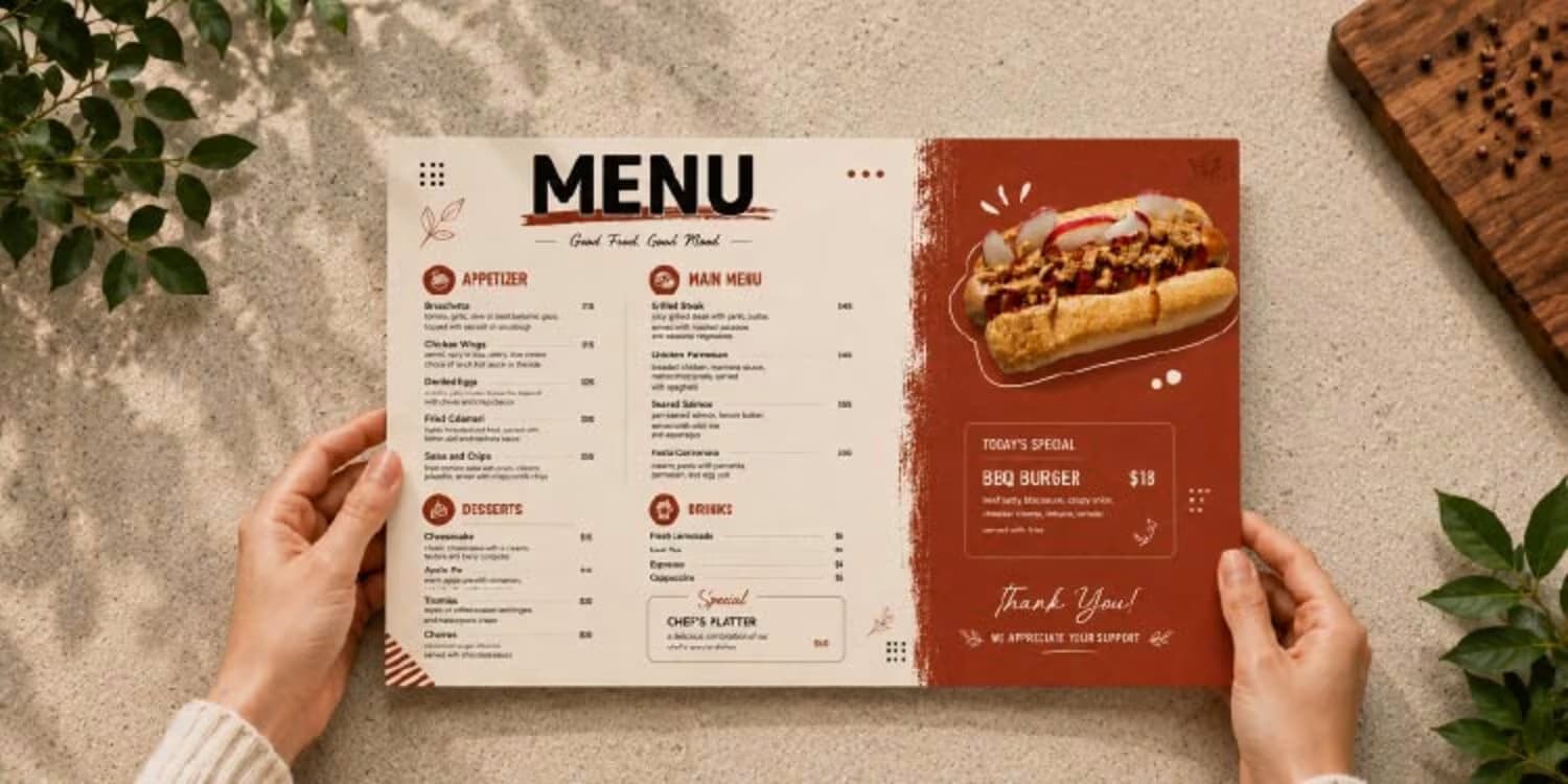 Hands holding custom printed restaurant menu cards featuring a BBQ burger special.